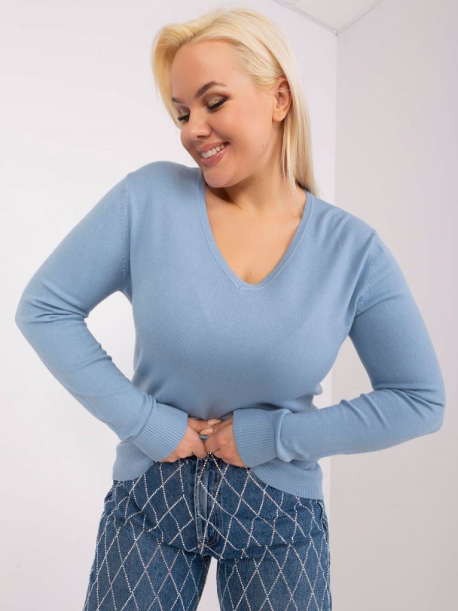 Odziez maloma Bluzki Basic | Milutki Sweterek Bluzka Damska Plus Size W Kolorze Blekitnym Dekolt V Isma Niebieski/Blekit