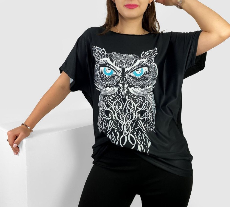 Odziez maloma Bluzki Z Nadrukiem | Bluzka Damska Plus Size Nietoperz Multikolor Z Nadrukiem Owl Sowa Czarny