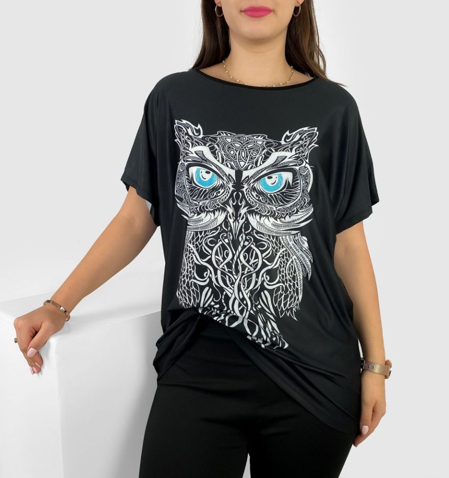 Odziez maloma Bluzki Z Nadrukiem | Bluzka Damska Plus Size Nietoperz Multikolor Z Nadrukiem Owl Sowa Czarny