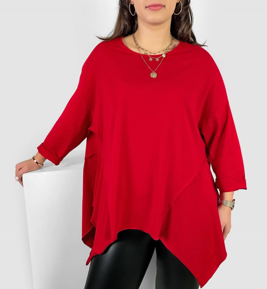 Odziez maloma Bluzki Longsleeves | Asymetryczna Bluzka Damska Plus Size W Kolorze M Boki Rogi Randi Czerwony