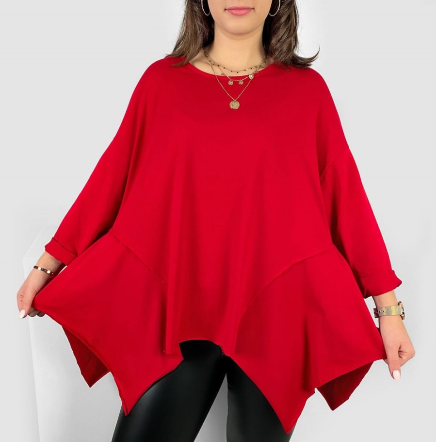 Odziez maloma Bluzki Longsleeves | Asymetryczna Bluzka Damska Plus Size W Kolorze M Boki Rogi Randi Czerwony