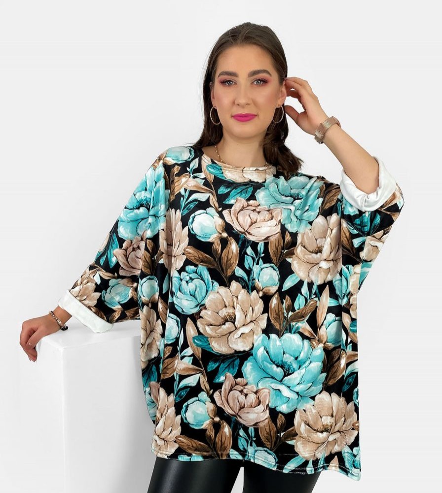 Odziez maloma Tuniki Z Nadrukiem | Welurowa Tunika Bluzka Plus Size Oversize Dluzszy Tyl Print Wzor Duze Kwiaty Lindy Multikolor/Bezowy/Czarny/Turkusowy