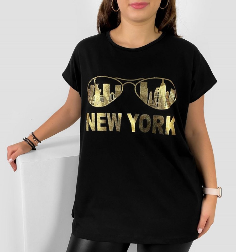 Odziez maloma T-Shirty Z Nadrukiem | Nietoperz T-Shirt Damski Plus Size W Kolorze Moty Print Okulary New York Czarny