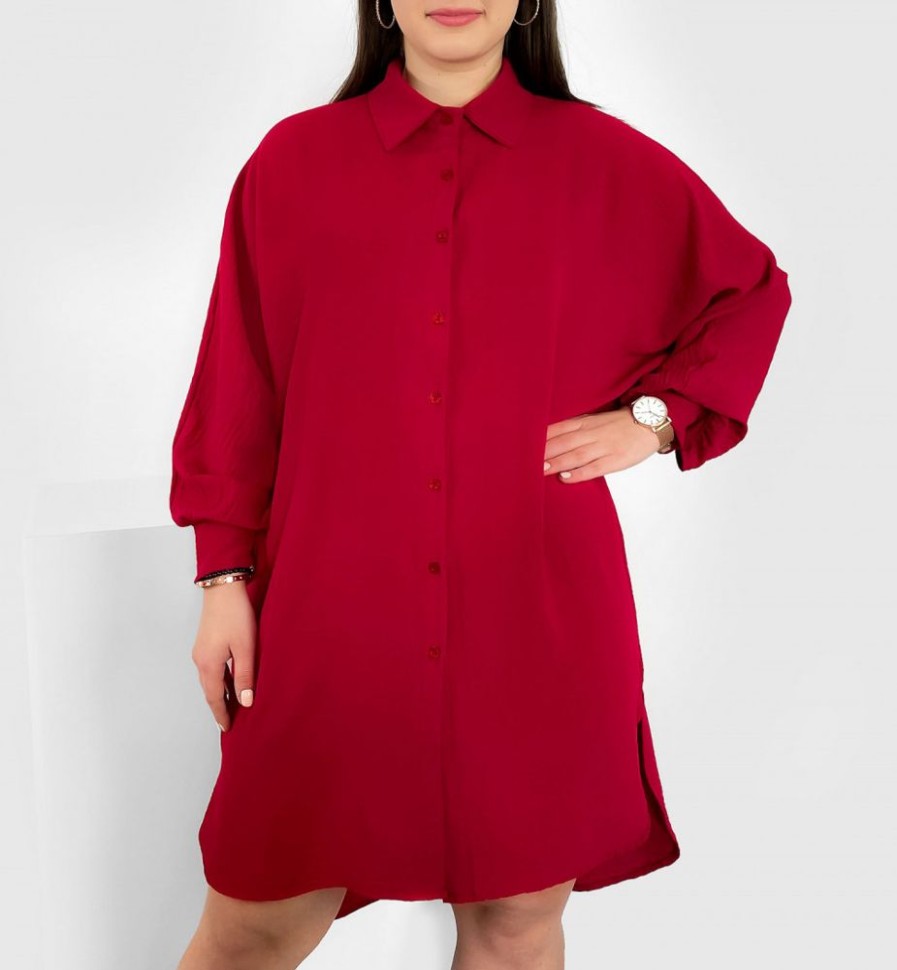 Odziez maloma Sukienki Na Co Dzien | Koszula Tunika Plus Size W Kolorze M Sukienka Oversize Guziki Enia Bordowy