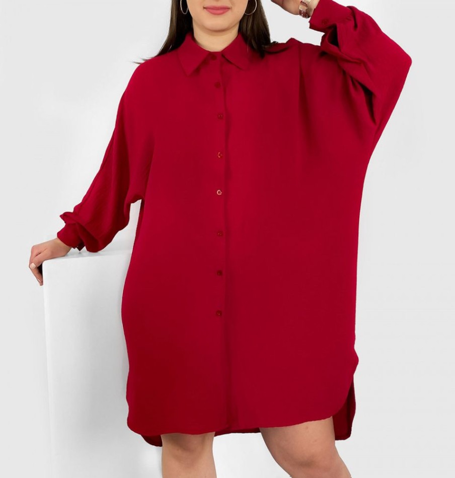 Odziez maloma Sukienki Na Co Dzien | Koszula Tunika Plus Size W Kolorze M Sukienka Oversize Guziki Enia Bordowy