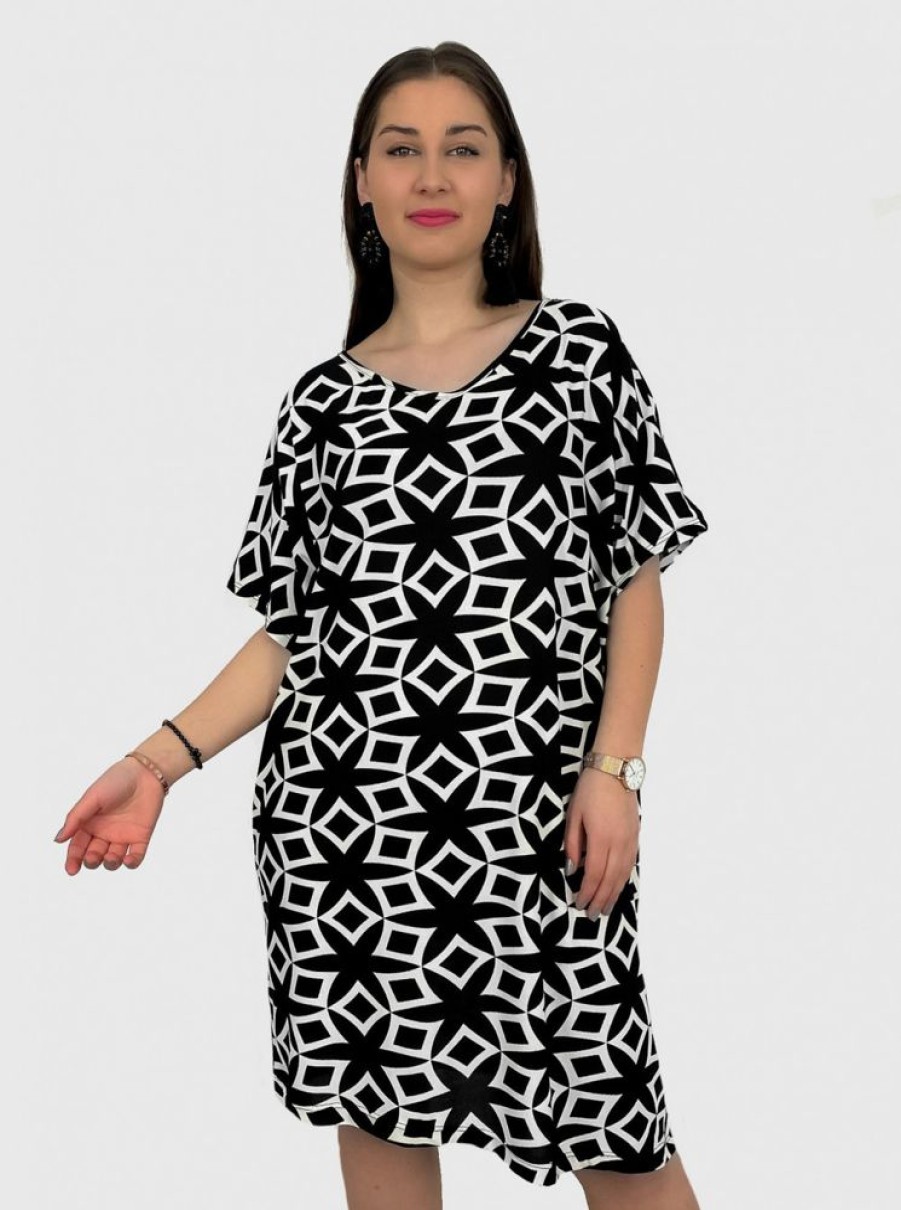 Odziez maloma Sukienki Z Printami | Tunika Sukienka Plus Size Dluzszy Bok Geometryczny Wzor Laura Czarny/Bialy