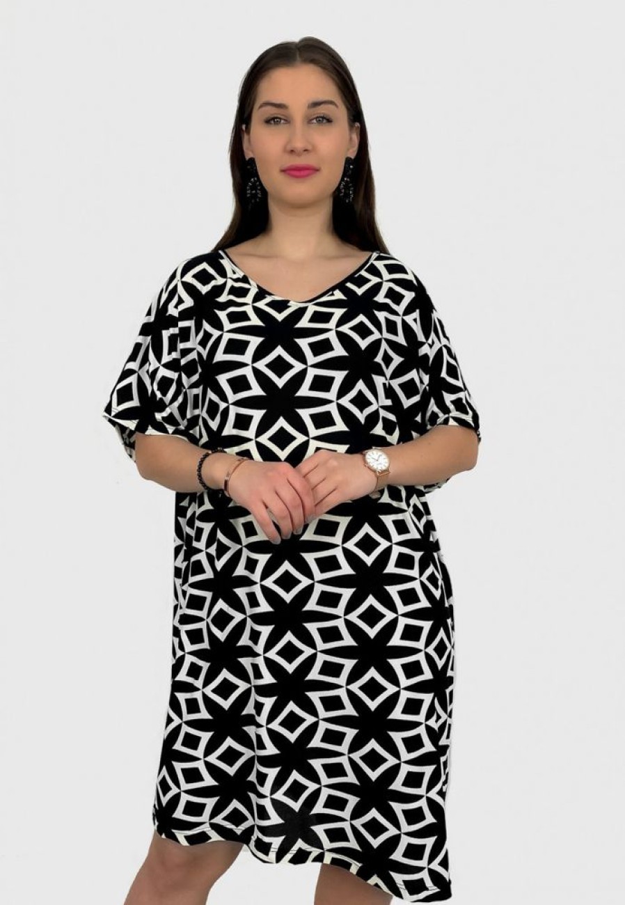 Odziez maloma Sukienki Z Printami | Tunika Sukienka Plus Size Dluzszy Bok Geometryczny Wzor Laura Czarny/Bialy