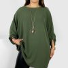 Odziez maloma Tuniki Z Naszyjnikiem | Tunika Plus Size W Kolorze Podpinany Rekaw 3/4 Z Naszyjnikiem Odalia Khaki