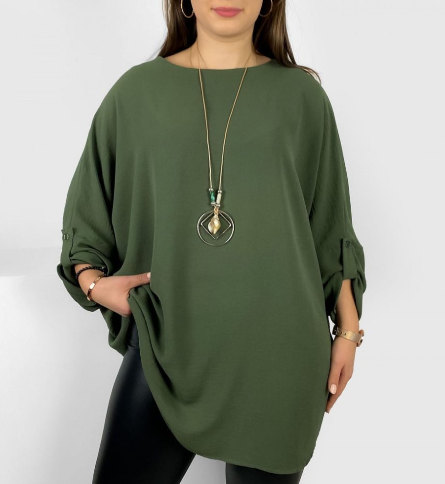 Odziez maloma Tuniki Z Naszyjnikiem | Tunika Plus Size W Kolorze Podpinany Rekaw 3/4 Z Naszyjnikiem Odalia Khaki