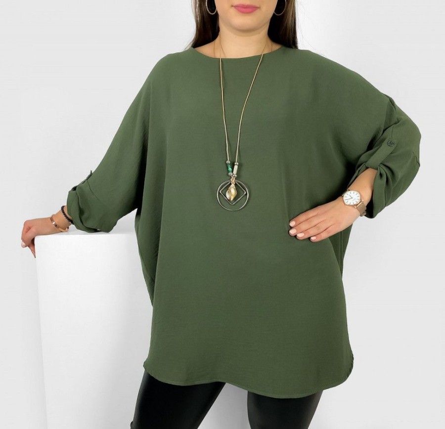 Odziez maloma Tuniki Z Naszyjnikiem | Tunika Plus Size W Kolorze Podpinany Rekaw 3/4 Z Naszyjnikiem Odalia Khaki