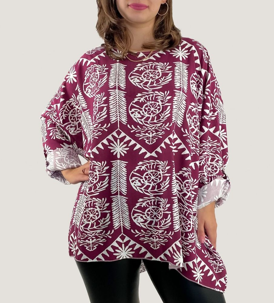 Odziez maloma Bluzki Z Nadrukiem | Bluzka Plus Size W Kolorze Bordowym Podpinany Rekaw Bialy Wzor Boho Rena