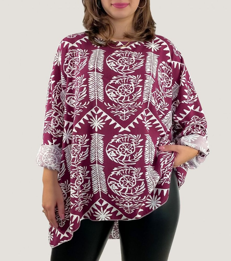 Odziez maloma Bluzki Z Nadrukiem | Bluzka Plus Size W Kolorze Bordowym Podpinany Rekaw Bialy Wzor Boho Rena