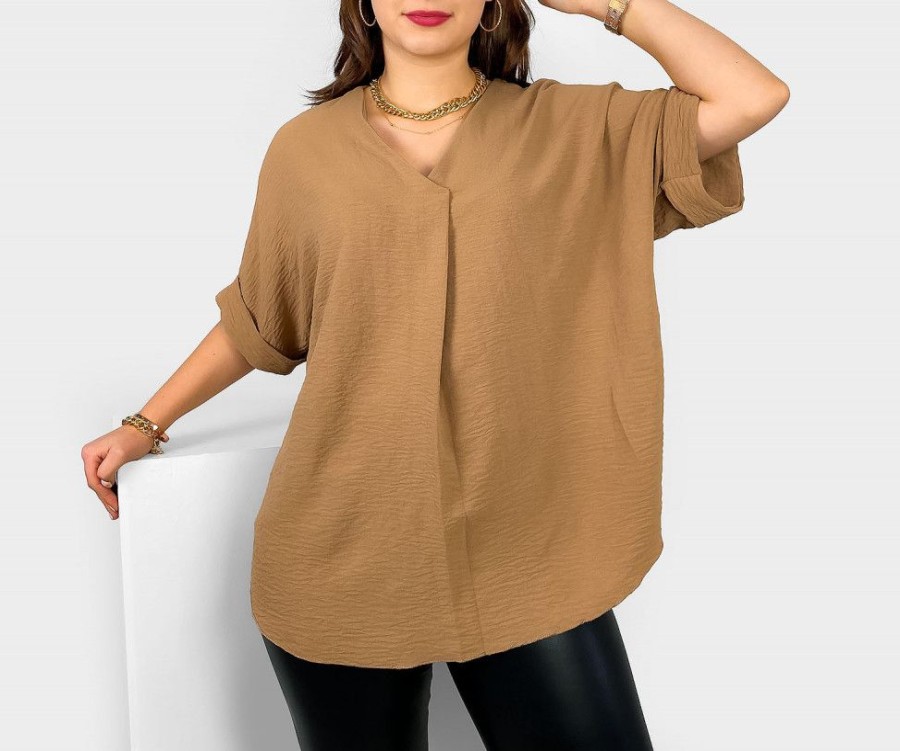 Odziez maloma Bluzki Wizytowe | Elegancka Bluzka Oversize Koszula W Kolorze M Stojka Asha Camelowy