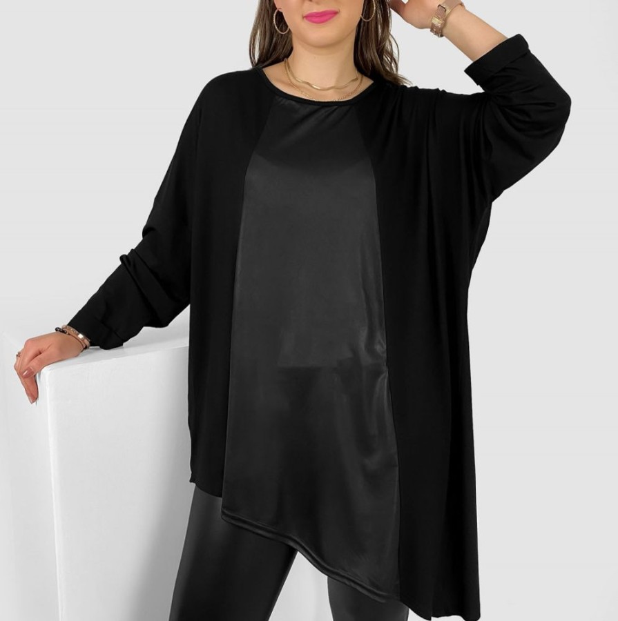 Odziez maloma Bluzki Oversize | Asymetryczna Bluzka Tunika Plus Size W Kolorze Czarnym Skorkowy Motyw Lexy