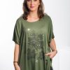 Odziez maloma Tuniki Z Krotkim Rekawem | Tunika Plus Size Luzna Bluzka Z Wiskozy W Kolorze Zielonym Khaki Liscie Autumn Zielony/Khaki