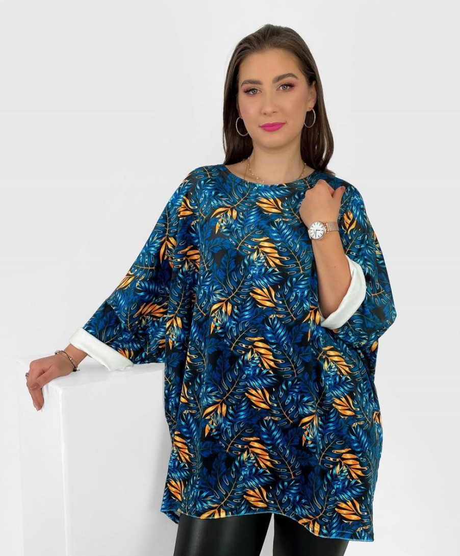 Odziez maloma Tuniki Z Nadrukiem | Welurowa Tunika Bluzka Plus Size Oversize Dluzszy Tyl Print Wzor Liscie Paproci Lindy Multikolor/Czarny/Turkusowy/Zolty