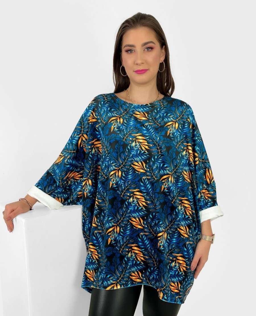 Odziez maloma Tuniki Z Nadrukiem | Welurowa Tunika Bluzka Plus Size Oversize Dluzszy Tyl Print Wzor Liscie Paproci Lindy Multikolor/Czarny/Turkusowy/Zolty