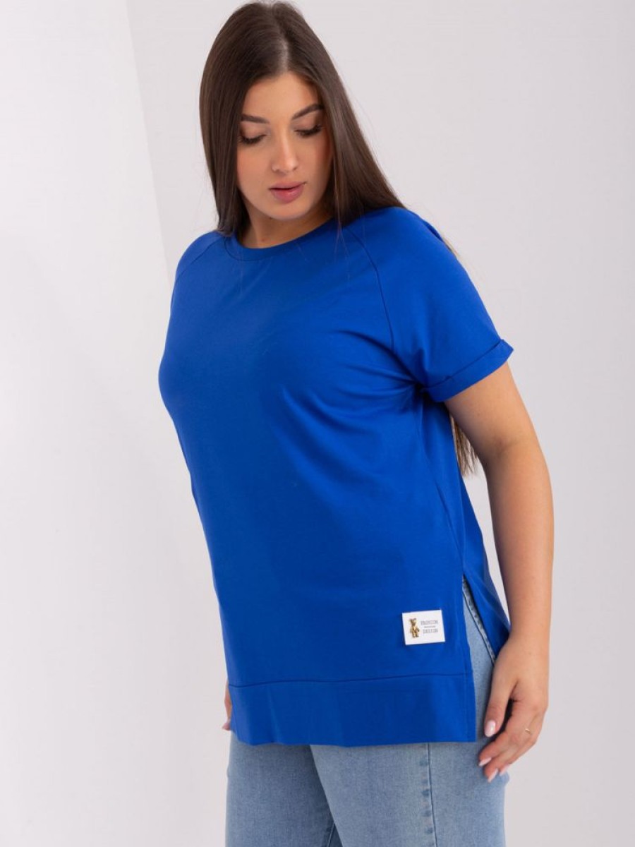 Odziez maloma T-Shirty Jednokolorowe | Bluzka Damska Plus Size W Kolorze Kobaltowym Rozciecia Naszywka Mis Miriam