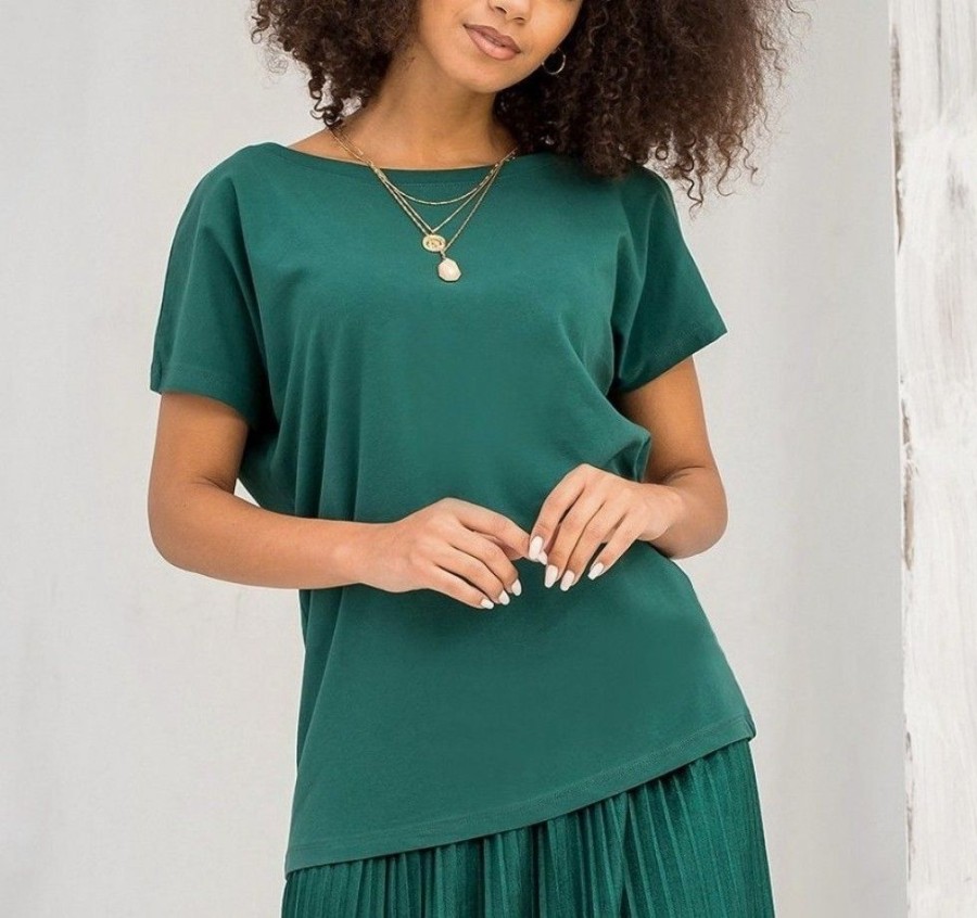 Odziez maloma T-Shirty Basic | Bluzka Damska W Kolorze Zielonym Basic Dekolt Na Plecach W Serek V-Neck Caro Zielony/Butelkowy