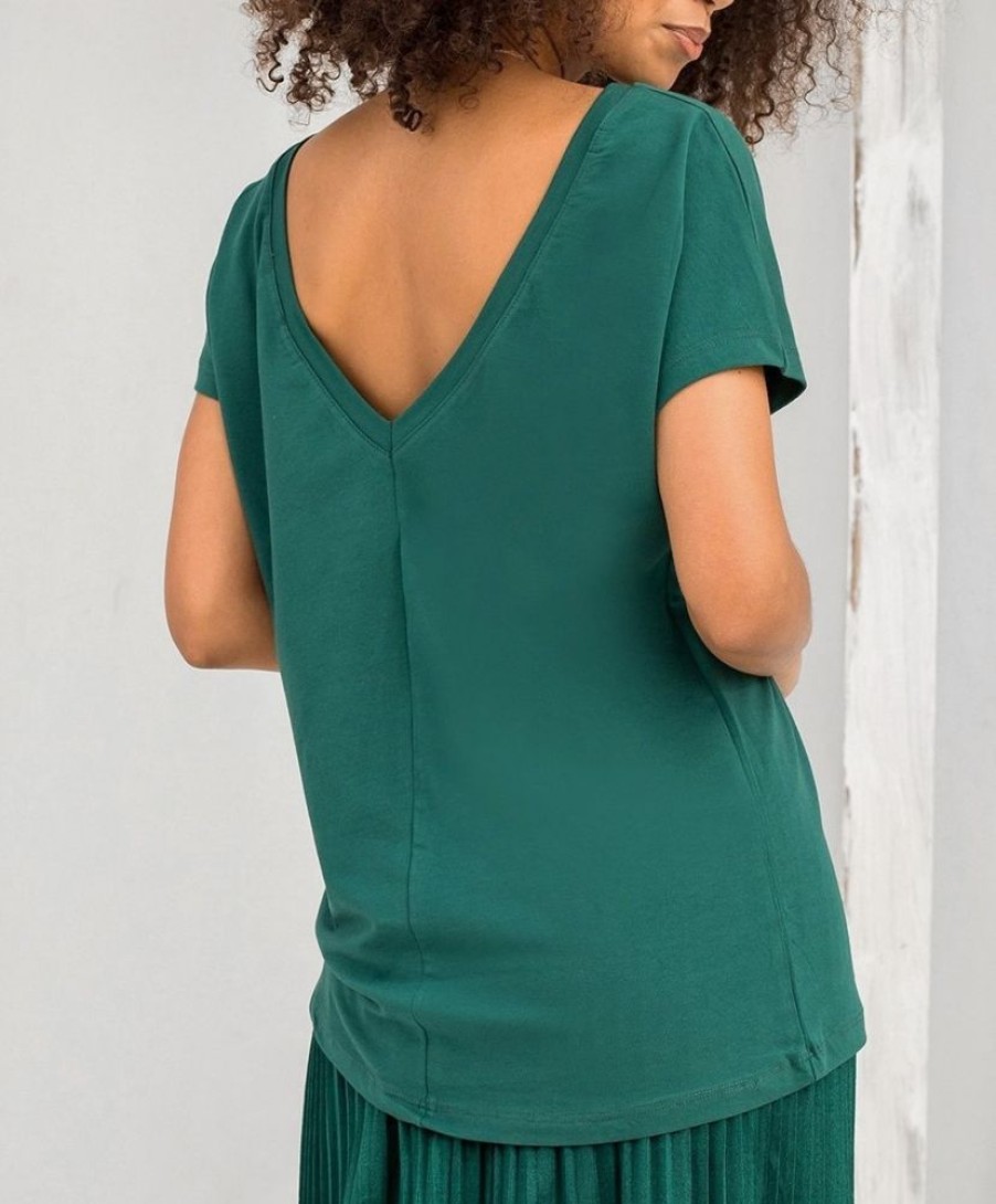 Odziez maloma T-Shirty Basic | Bluzka Damska W Kolorze Zielonym Basic Dekolt Na Plecach W Serek V-Neck Caro Zielony/Butelkowy