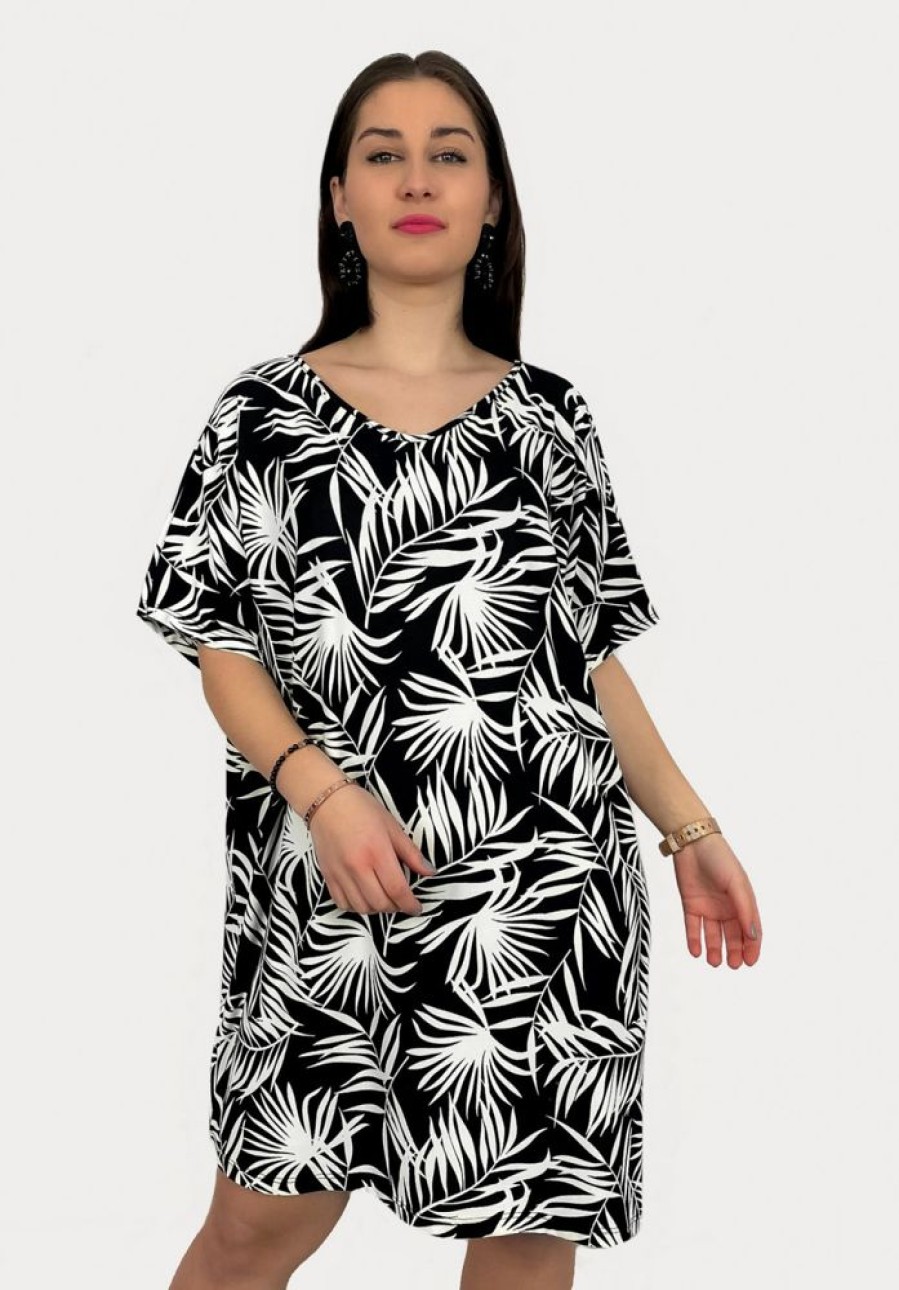 Odziez maloma Sukienki Z Printami | Tunika Sukienka Plus Size Dluzszy Bok Wzor Liscie Tropical Palmy Laura Czarny/Bialy