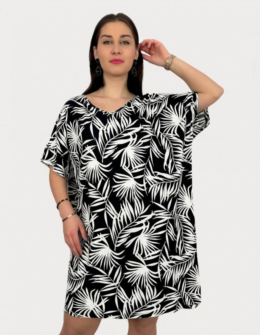 Odziez maloma Sukienki Z Printami | Tunika Sukienka Plus Size Dluzszy Bok Wzor Liscie Tropical Palmy Laura Czarny/Bialy