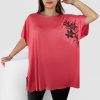 Odziez maloma Tuniki Z Krotkim Rekawem | Tunika Plus Size Luzna Bluzka Z Wiskozy W Kolorze M Kwiaty Flowers Koralowy