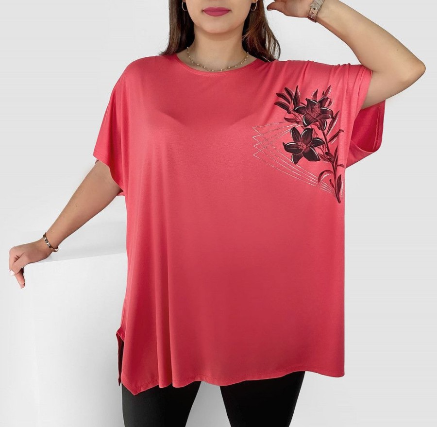 Odziez maloma Tuniki Z Krotkim Rekawem | Tunika Plus Size Luzna Bluzka Z Wiskozy W Kolorze M Kwiaty Flowers Koralowy