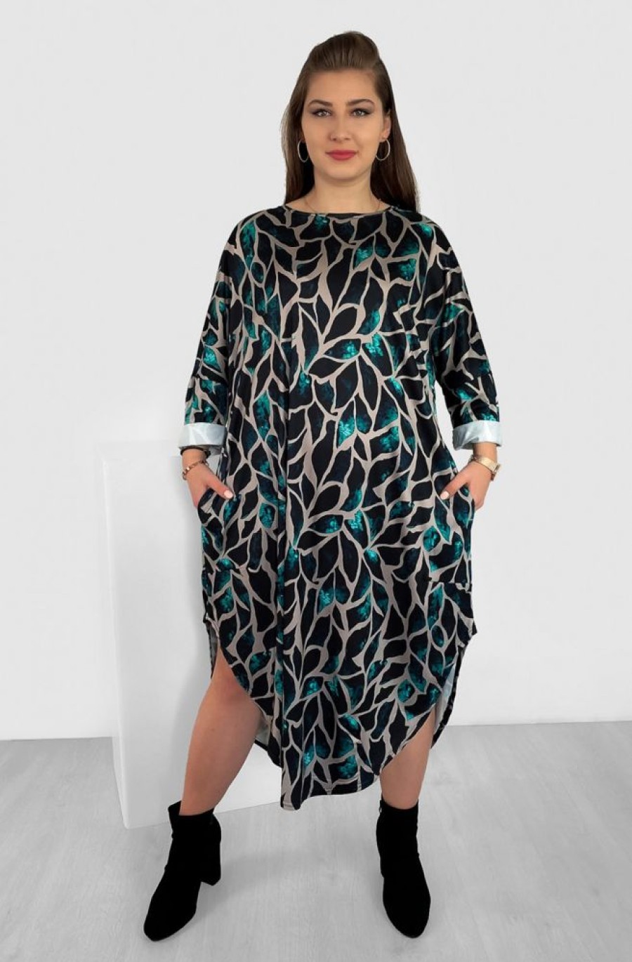 Odziez maloma Sukienki Na Co Dzien | Luzna Sukienka Oversize Plus Size Print Liscie Turkus Kieszenie Eira Turkusowy/Multikolor/Bezowy/Czarny