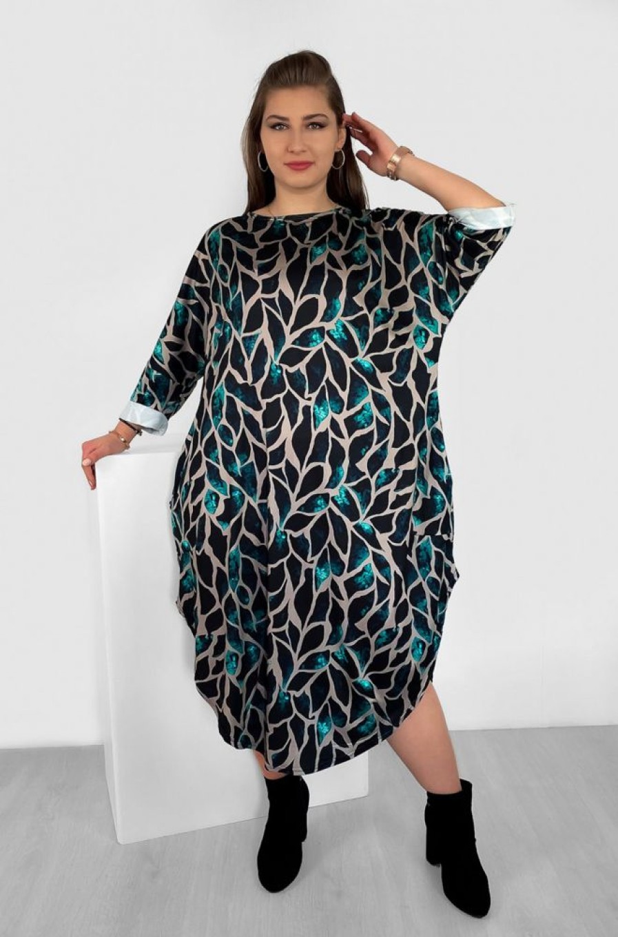 Odziez maloma Sukienki Na Co Dzien | Luzna Sukienka Oversize Plus Size Print Liscie Turkus Kieszenie Eira Turkusowy/Multikolor/Bezowy/Czarny