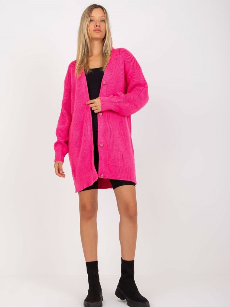 Odziez maloma Swetry Oversize | Dlugi Oversize Sweter Damski Z Guzikami W Kolorze Fuksji Kardigan Narzutka Kaira Rozowy/Fuksja