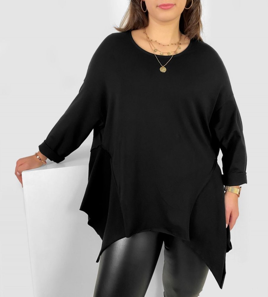 Odziez maloma Bluzki Oversize | Asymetryczna Bluzka Damska Plus Size W Kolorze M Boki Rogi Randi Czarny