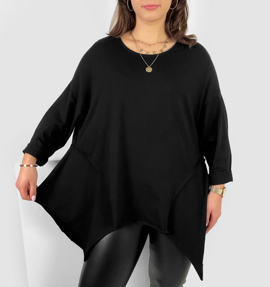 Odziez maloma Bluzki Oversize | Asymetryczna Bluzka Damska Plus Size W Kolorze M Boki Rogi Randi Czarny