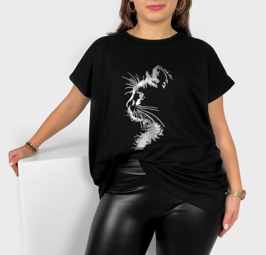 Odziez maloma T-Shirty Z Nadrukiem | Nietoperz T-Shirt Damski Plus Size W Kolorze M Srebrny Print Zarys Kot Czarny