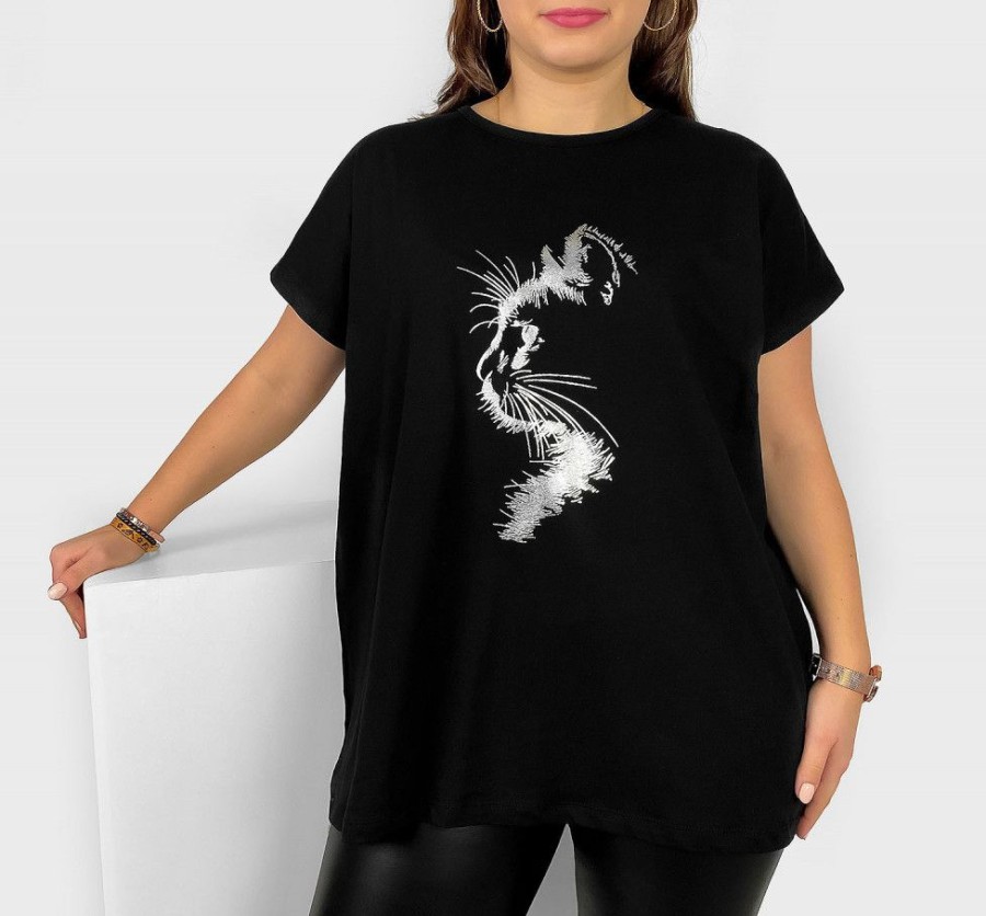 Odziez maloma T-Shirty Z Nadrukiem | Nietoperz T-Shirt Damski Plus Size W Kolorze M Srebrny Print Zarys Kot Czarny