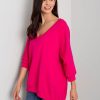 Odziez maloma Bluzy One Size | Bluza Damska W Kolorze Fuksji Oversize Basic Rekaw 3/4 Dekolt V-Neck Marcela Rozowy/Fuksja