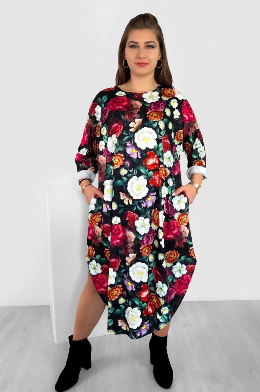 Odziez maloma Sukienki Na Co Dzien | Luzna Sukienka Oversize Plus Size Print Kwiaty Kieszenie Eira Turkusowy/Multikolor/Bezowy/Czarny