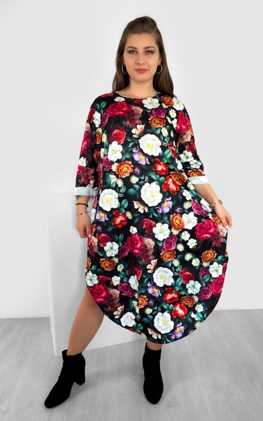 Odziez maloma Sukienki Na Co Dzien | Luzna Sukienka Oversize Plus Size Print Kwiaty Kieszenie Eira Turkusowy/Multikolor/Bezowy/Czarny