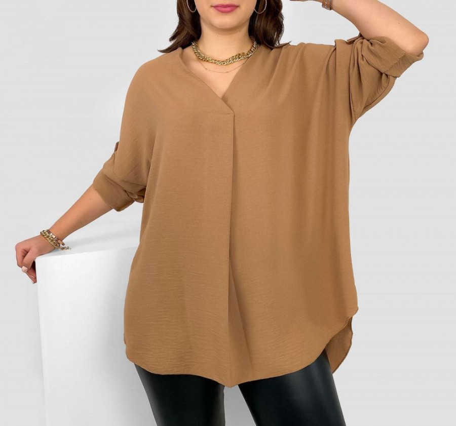 Odziez maloma Bluzki Wizytowe | Elegancka Bluzka Oversize Koszula W Kolorze Latte Podpinany Rekaw Klee Latte/Bezowy