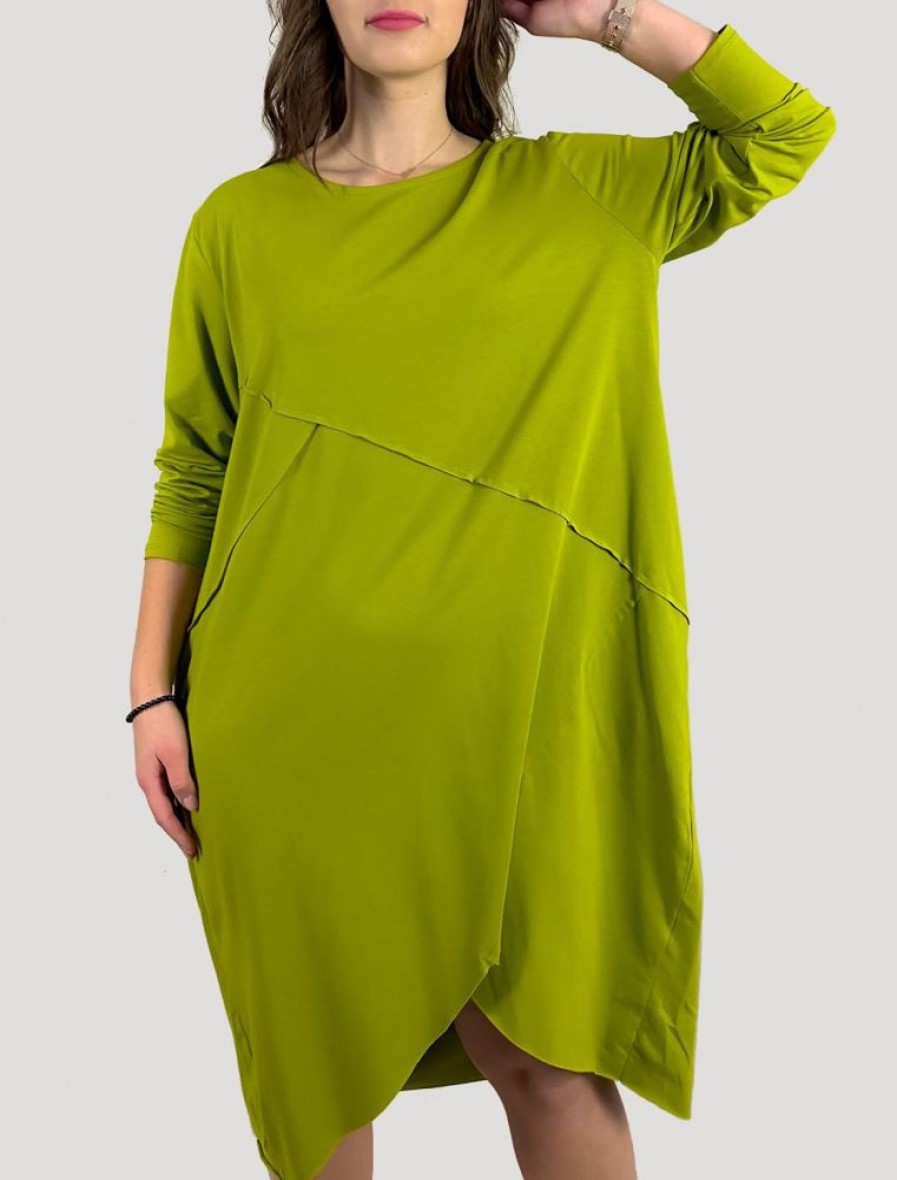 Odziez maloma Sukienki Oversize | Bawelniana Sukienka Plus Size W Kolorze Limonkowym Przeszycia Kieszenie Mavis Zielony/Limonka