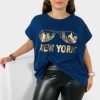 Odziez maloma T-Shirty Z Nadrukiem | Nietoperz T-Shirt Damski Plus Size W Kolorze Dark Blueoty Print Okulary New York Granat/Niebieski