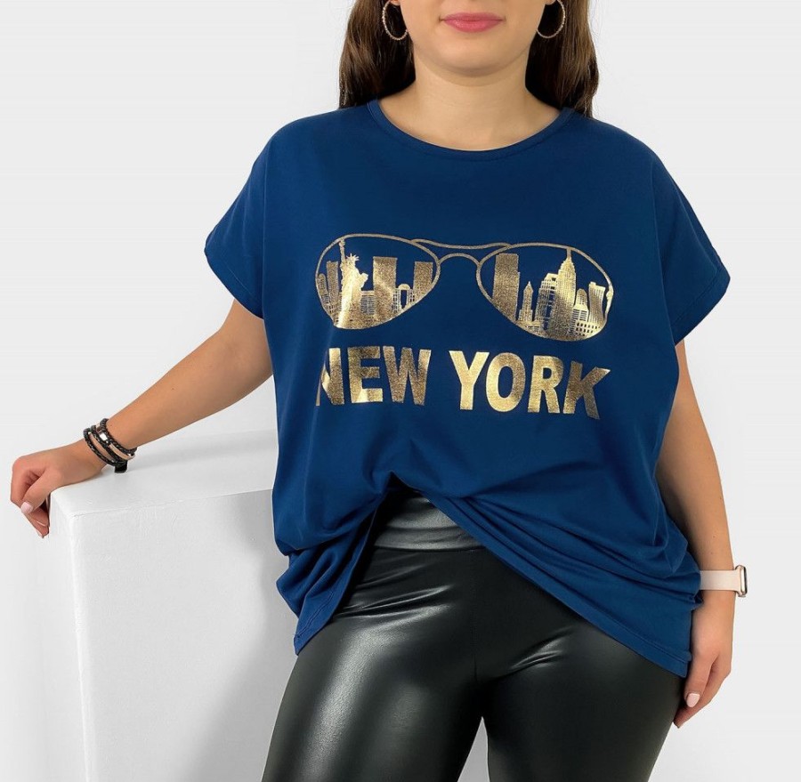 Odziez maloma T-Shirty Z Nadrukiem | Nietoperz T-Shirt Damski Plus Size W Kolorze Dark Blueoty Print Okulary New York Granat/Niebieski