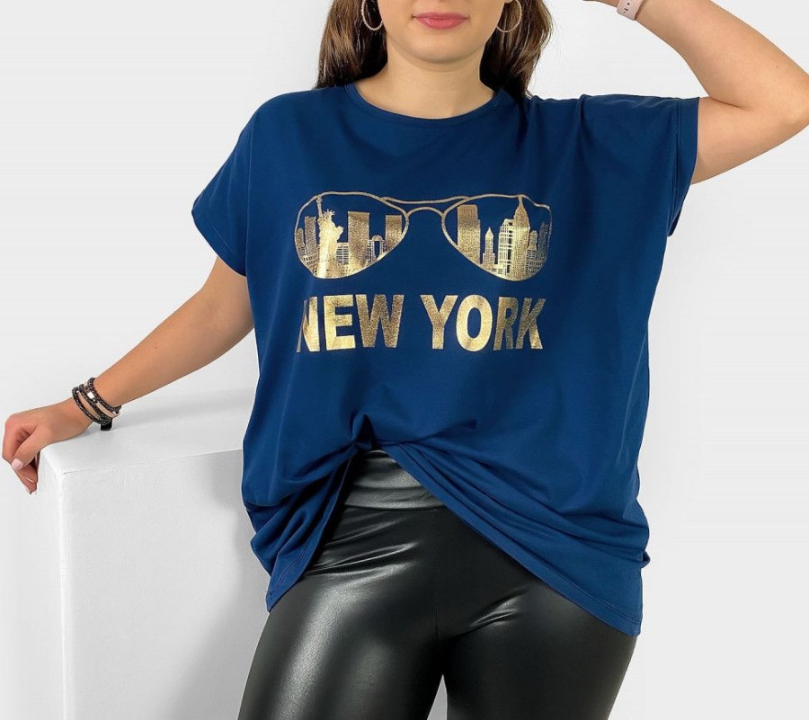 Odziez maloma T-Shirty Z Nadrukiem | Nietoperz T-Shirt Damski Plus Size W Kolorze Dark Blueoty Print Okulary New York Granat/Niebieski