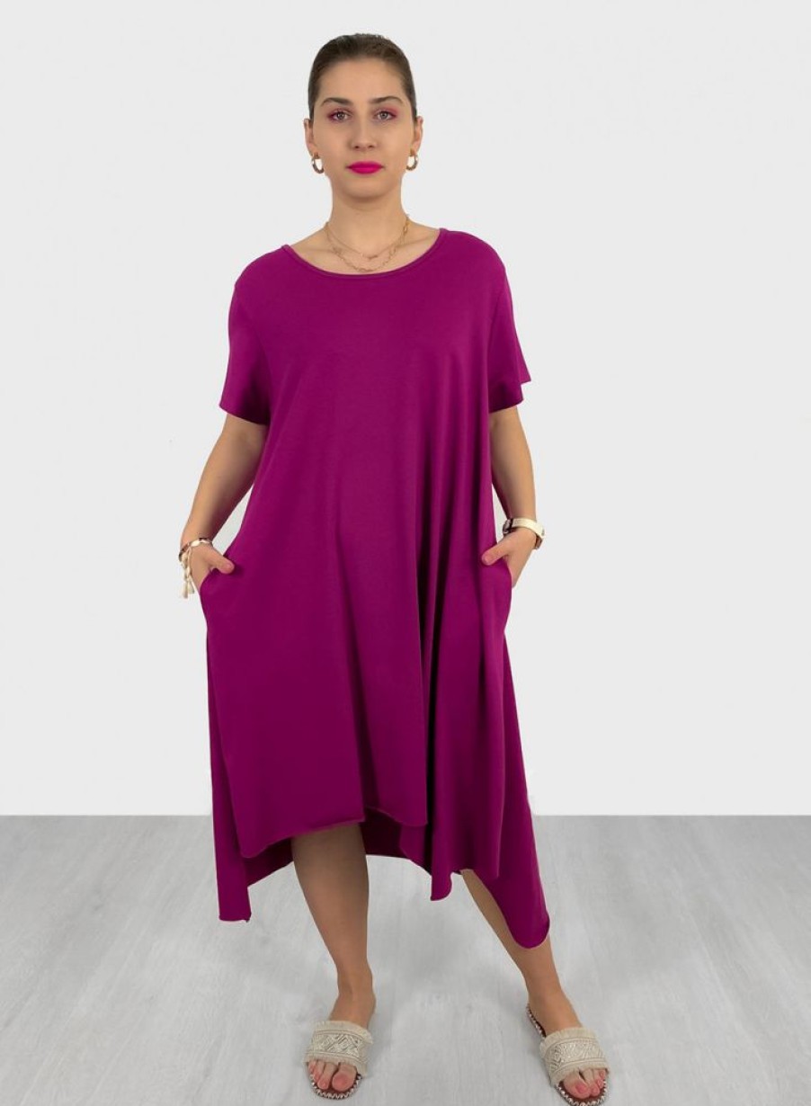 Odziez maloma Sukienki Rozkloszowane | Asymetryczna Sukienka Plus Size W Kolorze Magenta Dlugie Boki Kieszenie Lissa Rozowy/Magenta