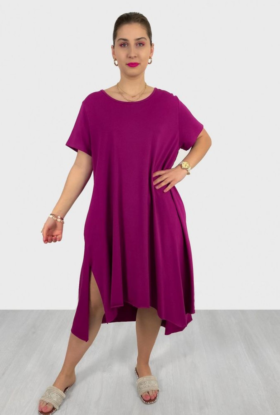 Odziez maloma Sukienki Rozkloszowane | Asymetryczna Sukienka Plus Size W Kolorze Magenta Dlugie Boki Kieszenie Lissa Rozowy/Magenta