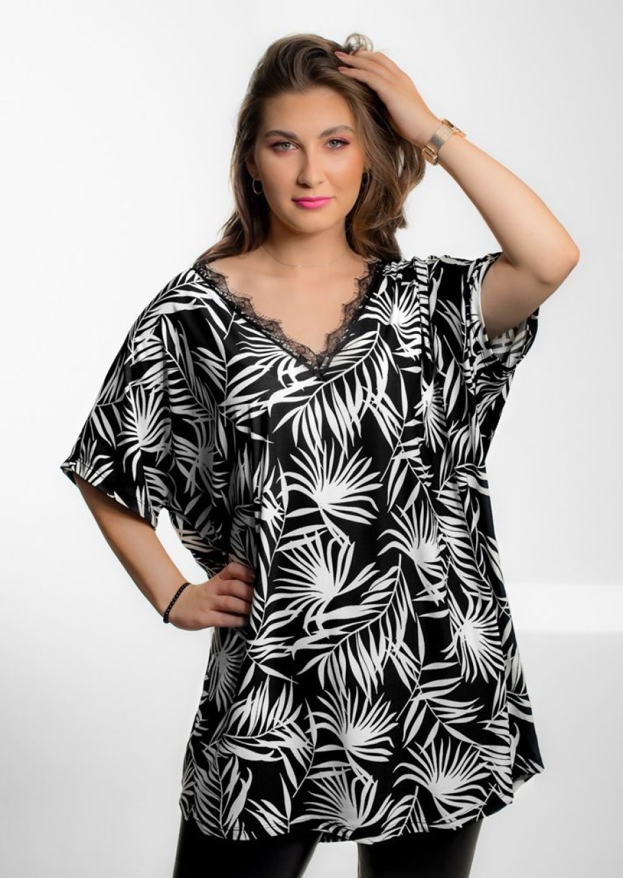 Odziez maloma Tuniki Z Koronka | Tunika Plus Size Oversize Wzor Liscie Tropical Dekolt Koronka Evita Czarny/Bialy