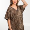 Odziez maloma Tuniki Z Koronka | Tunika Plus Size Oversize Zwierzecy Wzor Panterka Dekolt Koronka Evita Czarny/Brazowy