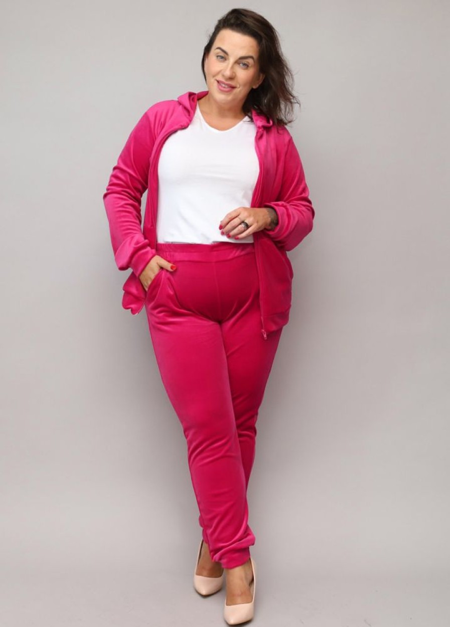 Odziez maloma Komplety Sportowe | Welurowy Dres Damski Plus Size W Kolorze Fuksji Komplet Spodnie I Bluza Zamek Emily Rozowy/Fuksja