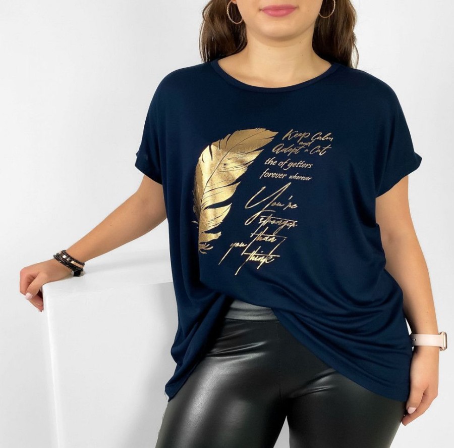 Odziez maloma T-Shirty Z Nadrukiem | Nietoperz T-Shirt Damski Plus Size W Kolorze Dark Navy Gold Print Piorko Granat/Zloty