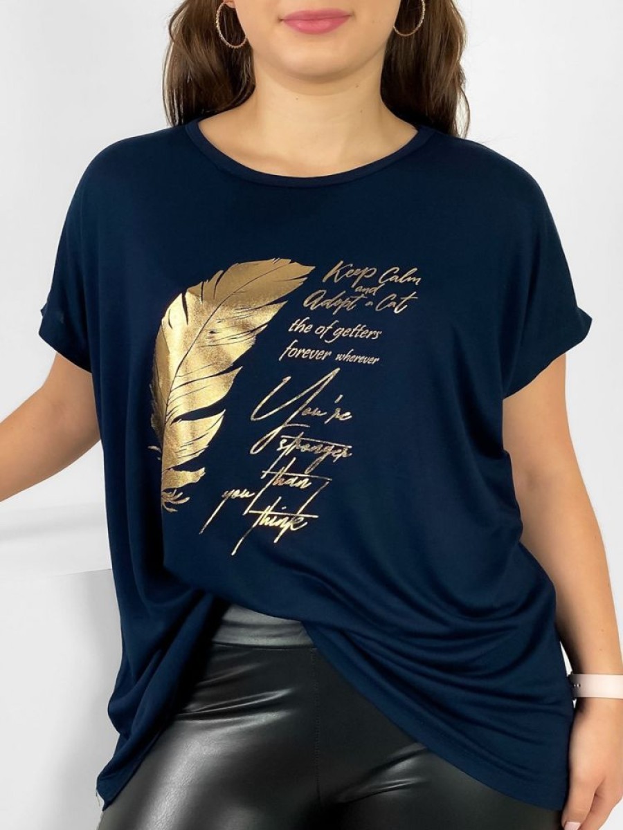 Odziez maloma T-Shirty Z Nadrukiem | Nietoperz T-Shirt Damski Plus Size W Kolorze Dark Navy Gold Print Piorko Granat/Zloty